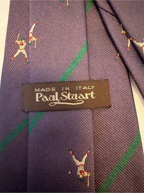 Paul Stuart Purple Silk Tie with Green Diagonals and Baseball Motif